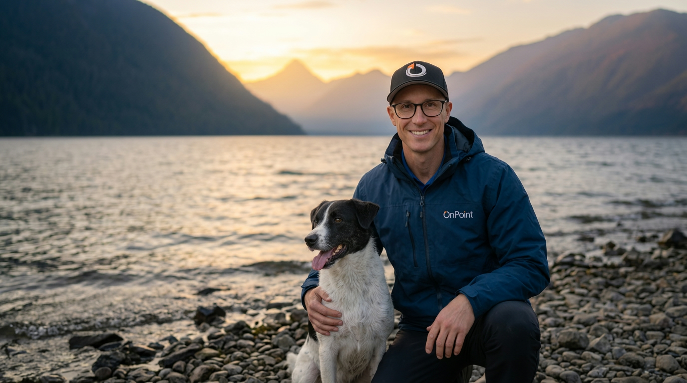 Tyler Hoffman by the water with his dog
