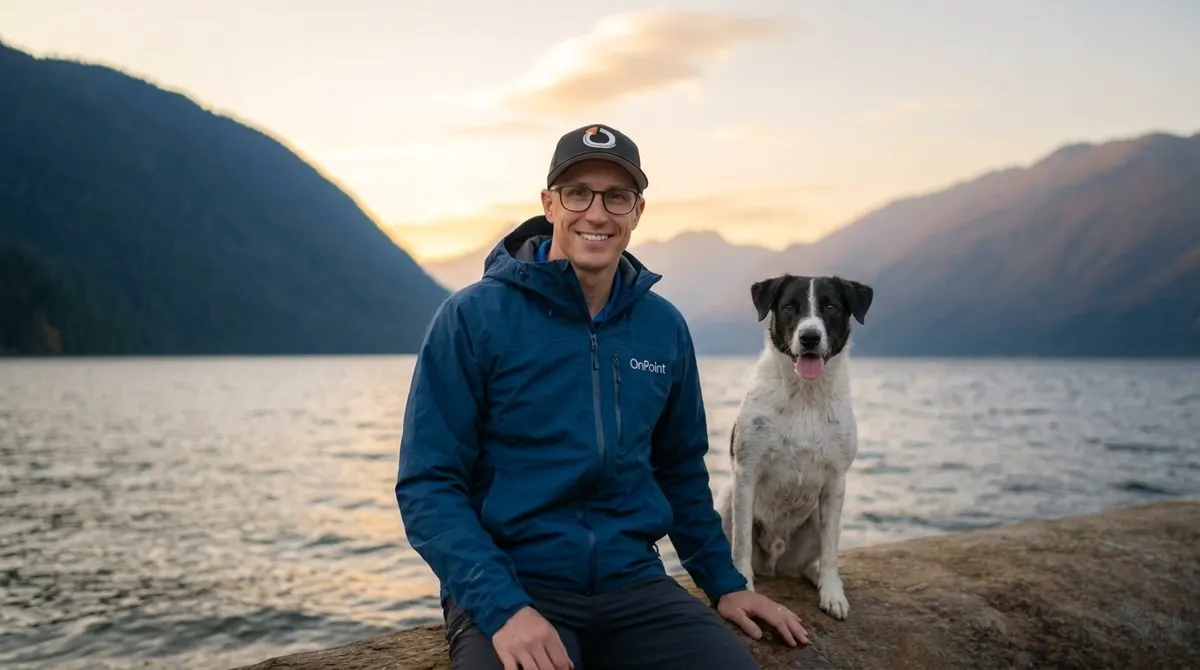 Tyler Hoffman with his dog by a lake near Royal Bay, BC