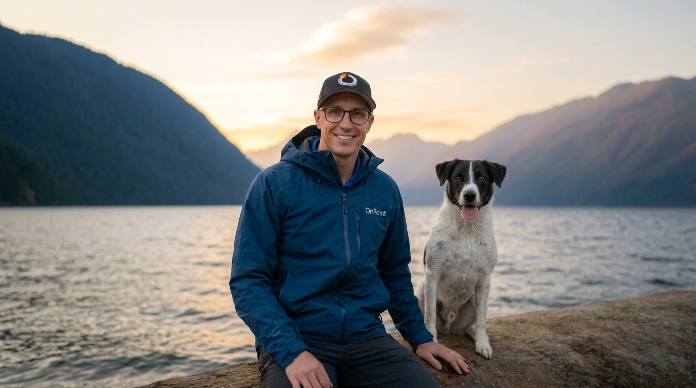 Tyler Hoffman by the lake with his dog